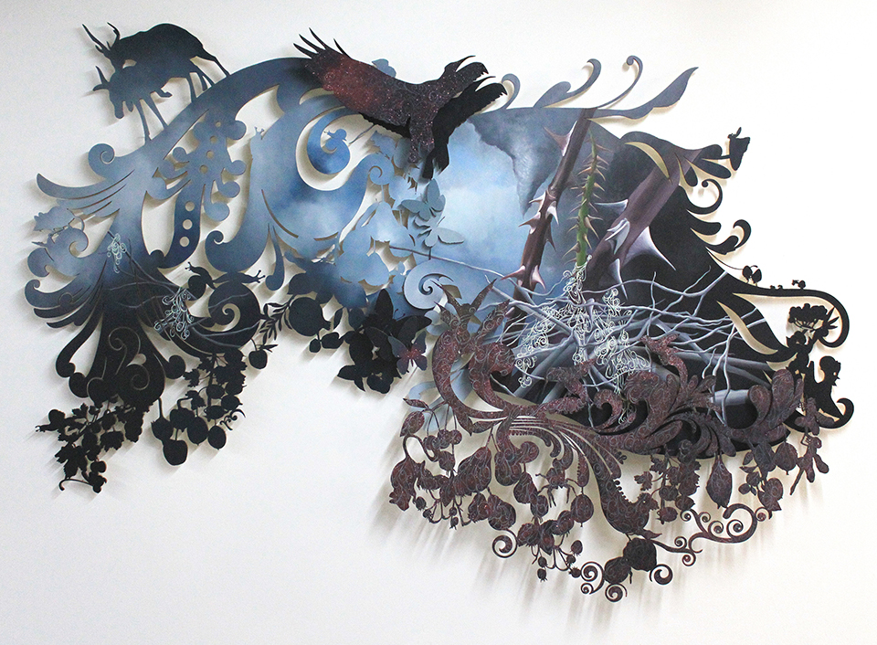 2013 oil and glitter on layered, laser-cut PVC panels 54h" x 78w x 3d"