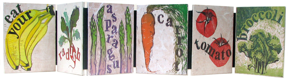 Woodcut and watercolor, 2008.  A celebration of fruits, vegetables, and an encouragement to eat healthy foods.